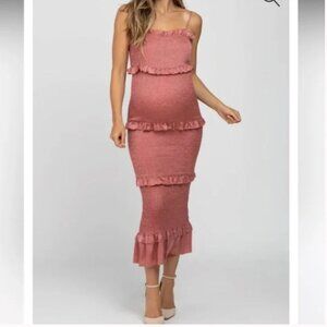 Mable x Pinkblush Mauve Smocked Satin Dress Tiered Spaghetti Strap Size Medium